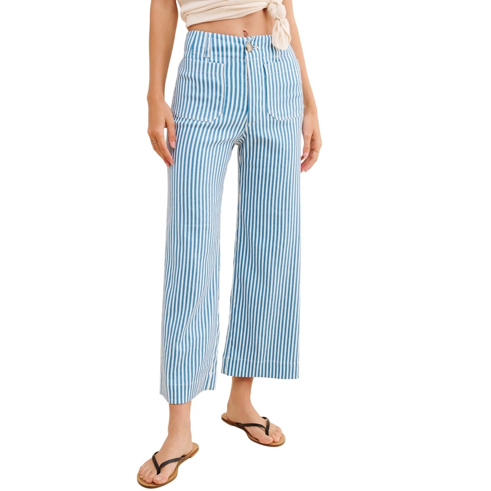 Maeve by Anthropologie The Colette Cropped Wide-Leg Pants Blue White Stripe 27